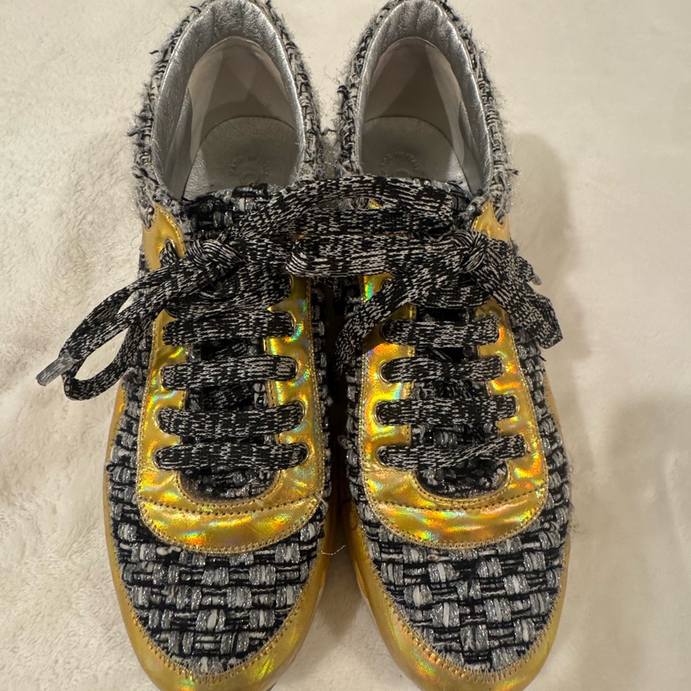 CHANEL Black and Silver Tweed Sneakers with Yellow Detail - Picture 5 of 5